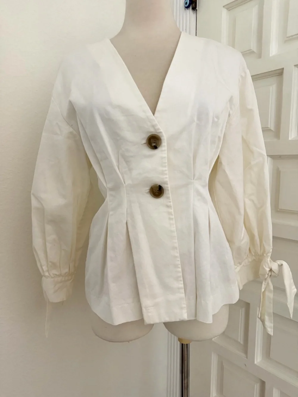 Zara Breathable Cotton Linen Blend Puff Sleeve Blouse w Bow Details Pleated XS